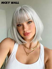 NICKY WALL Elegant 12 Inch Short Straight Wigs For Women Light Grey Bob Wigs With Bangs, High Density Fluffy Synthetic Heat Resistant Fiber Hair Wig For Daily Party Use - 淺灰色 - 查看 5