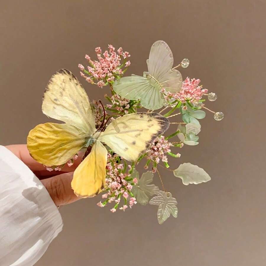 1pcs Elegant Bohemian Style Floral Hair Clip - 3D Simulation Lily Of The Valley & Butterfly Design, Vintage Chinese Retro Palace Hair Accessory For Women, Perfect For Valentine'S Day Or Casual Outfits, Cute Hair Clips, Bohemian Hair Accessories, Retro Hairpiece, Intricate Craftsmanship - 黃色 - 查看 1