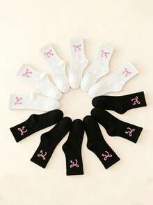 10双/套蝴蝶结中筒袜，黑白简约百搭女士时尚袜，ins风运动袜 - 黑與白 - 查看 3