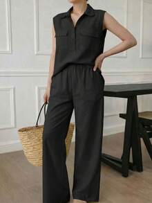 A&DD MODA, REF: AS1923 - Women's Set Consisting Of A Sleeveless Blouse And Pants. The Blouse Has A High V-Neck And Pockets; The Pants Have A Straight Cut, Elastic Waistband And Pockets, Ideal For Everyday Wear, With A Very Casual Style. - 黑色 - 查看 6
