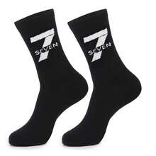 1双黑白67数字图案袜子，复古卡通风格，黑色背景上印有67字样，独特的67嘻哈生日派对趣味礼物，男女皆宜 - 黑色 - 查看 2