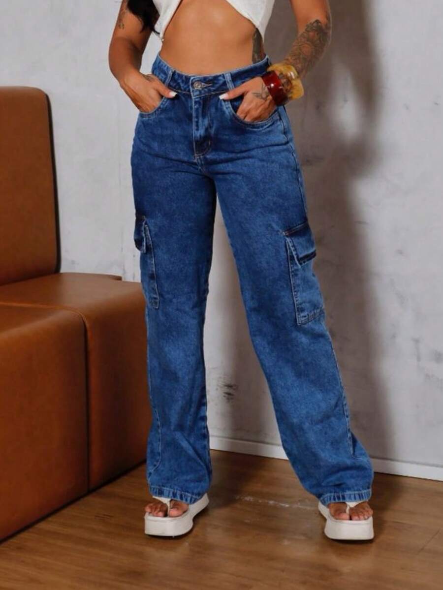 Women's Wide Leg Cargo Jeans - Rửa tối - Xem 1