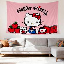 SANRIO 1件三丽鸥挂毯 | Hello Kitty 设计，柔和粉色背景，经典 Hello Kitty（红色蝴蝶结）图案，苹果、书籍和咖啡装饰，“Hello Kitty”字样，温馨甜美风格，卡通可爱粉色房间装饰，涤纶材质，时尚主题 - 彩色 - 查看 3
