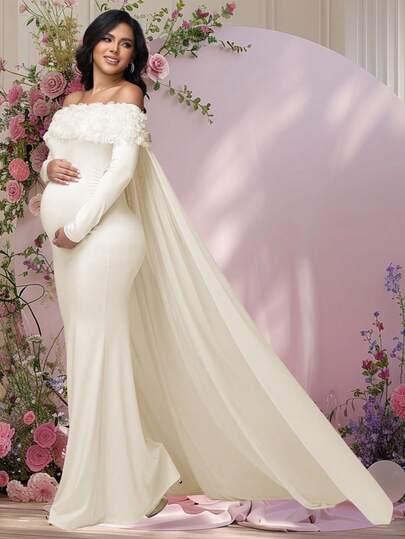 JustVH Maternity Floral Off-Shoulder Dress, Suitable For Baby Shower, Long Sleeve Mesh Cloak Style Long Dress, Can Be Used As Photography Prop Spring