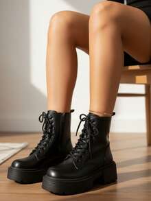 Zapatos para mujeres, botas cortas para mujeres, botas cortas con tacón grueso para mujeres, botas cortas con cordones para mujeres, botas cortas con cremallera lateral - Negro - Ver 3