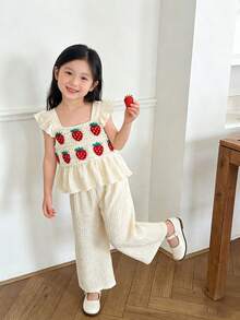 女童草莓印花套装，3D钩针编织短袖上衣+米色纹理阔腿裤，儿童甜美休闲两件套，夏季 - 杏色 - 查看 2