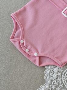 Newborn Baby Girl Pink Collar Cap Sleeve Romper - Rose Red - View 11