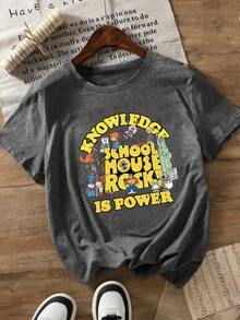 大码女款 Daily Schoolhouse Rock “知识就是力量”标语复古卡通人物圆领短袖休闲春夏秋季T恤 情人节/返校季