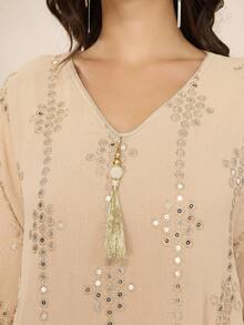 Vestido elegante con cuello en V bordado con borlas, estilo tradicional de Ramadán 2026 para mujeres - Albaricoque - Ver 3