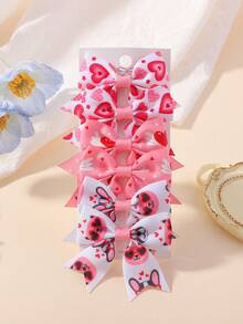 6个糖果色情人节印花蝴蝶结发夹，女孩派对侧夹，心形，嘴唇，粉色心形派对印花粉色元素发夹套装 - 粉色 - 查看 9