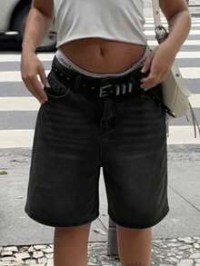 Vintage Low Waist Distressed Denim Shorts With Slant Pockets, Essential For Back To School Season - Black - View 3