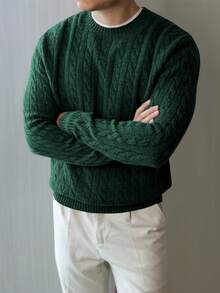 男士扭绳圆领长袖毛衣 - 墨綠色 - 查看 3