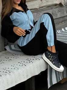 Zip-Up Crop Jacket & High-Waist Straight-Leg Pants Set - 黑色 - 查看 2