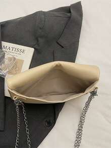 1pc New Women PU Leather Lizard Grain Chain Shoulder Bag, Simple Fashion Flap Square Crossbody Bag, Detachable Strap - White - View 7