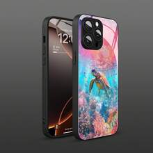 Hermosa Funda de Teléfono de Vidrio con Patrón de Tortuga Marina Submarina y Protección de Lente para iPhone 16ProMax/15Pro/14Plus/13/12/11ProMax, Diseño de Moda, Cubierta Protectora de Alta Gama - Colores mixtos - Ver 5