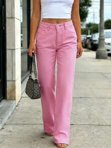Women's Pink Classic Sweet Straight Leg Jeans, Y2K Casual Long Pants, Spring Everyday Fashion Must-Have - Pink - View 3