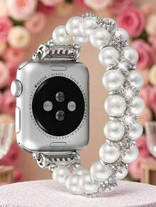 双排珍珠钻石表带，适用于 38mm、40mm、41mm、42mm、44mm、45mm、46mm、49mm 表带 - 女士弹性表带 - 优雅时尚的珍珠钻石闪耀设计 - 舒适轻盈，经久耐用 - 适合 5.5-6.3 英寸手腕 - 替换表带配件