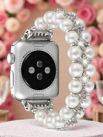 Correa de reloj de 2 filas de perlas y diamantes, se ajusta a relojes de 38mm, 40mm, 41mm, 42mm, 44mm, 45mm, 46mm, 49mm - Correa elástica de reloj para mujer - Diseño elegante y de moda con perlas y diamantes brillantes - Cómoda y ligera, duradera - Se ajusta a muñecas de 5.5-6.3 pulgadas - Accesorio de repuesto para correa de reloj