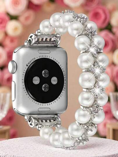 2-Row Pearl & Diamond Watch Band, Fits 38mm 40mm 41mm 42mm 44mm 45mm 46mm 49mm - Women's Elastic Watch Strap - Elegant Fashionable Pearl & Diamond Sparkling Design - Comfortable Lightweight, Durable - Fits 5.5-6.3 Inch Wrist - Replacement Watch Band Accessory