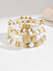 8件套复古波西米亚风心形与生命之树吊坠串珠手链套装，适合女性日常休闲佩戴，情人节礼物 - 黑與白 - 查看 3