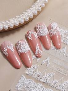2片白色蕾丝美甲贴纸，浮雕婚礼设计美甲贴花，花瓣性感复古蕾丝美甲用品，DIY美甲装饰贴纸 - 白色 - 查看 5