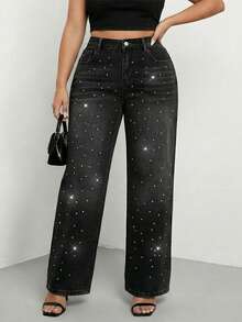 Jeans rectos de pierna larga y talla grande para mujer con detalles de strass, denim negro con botón, cremallera y bolsillos - Negro - Ver 8
