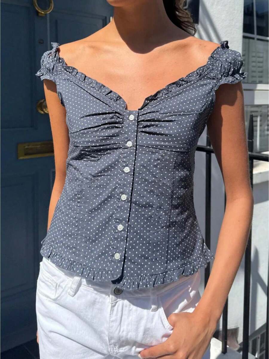 Women's Gingham Plaid Off Shoulder V Neck Short Sleeve Button Front Fitted Waist Peplum Top Ruffle Trim Crop Tops - 藍色 - 查看 1