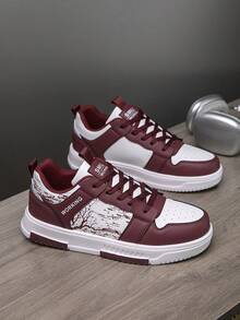 Męskie nowe, retro, kolorowe, podwyższone, codzienne, sportowe buty trekkingowe, sznurowane, z modnym wzorem litery i gałęzi, na deskorolkę, unisex - Burgund - Zobacz 7