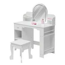 Tocador de Princesa Iluminado con Espejo para Niñas – Mesa de Maquillaje de Madera con Estantería, Cajón, Estantes y Banco – Mueble de Almacenamiento Elegante para Dormitorio o Cuarto de Juegos - Color: Blanco con accesorios. - Ver 5