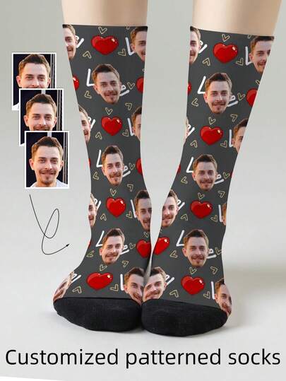 1 Pair Customized Face Design Unisex Mid-Calf Socks, Personalized Socks With Photo & Text Logo, Interesting Custom Portrait Socks For Men & Women, Suitable For Daily Wear, Holidays, Birthdays, Couple & Wedding Gifts