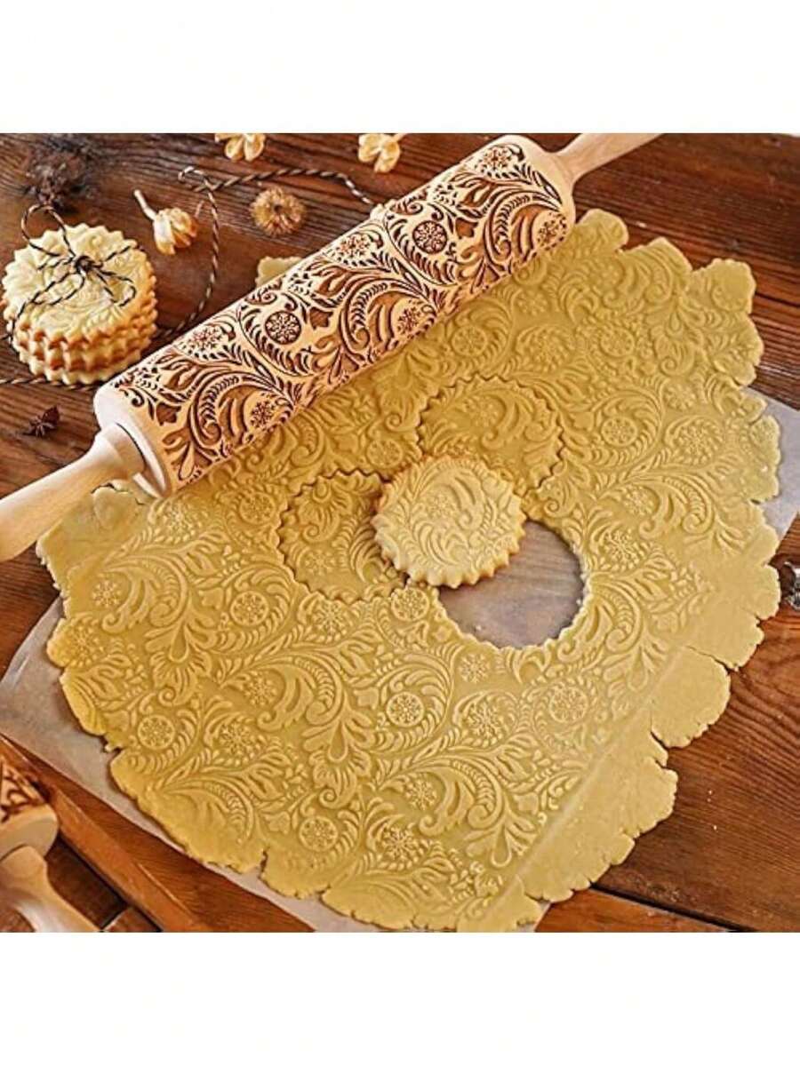 1根13.7英寸压花木质擀面杖，雕刻有雪花和藤蔓图案，适用于烘焙翻糖、披萨、馅饼、糕点、意面、面团、饼干，是送给爸爸妈妈的绝佳圣诞礼物。 - 彩色 - 查看 1