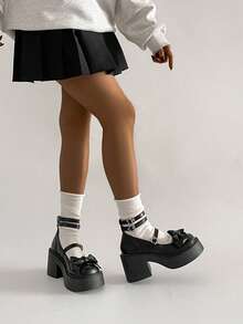 1 par de zapatos con plataforma, decoración de lazo y hebilla de cuero sintético, estilo JK, adecuados para todas las estaciones - Negro - Ver 3
