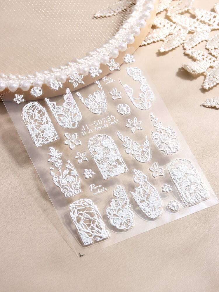 2片装压纹蕾丝花朵美甲贴纸，白色蕾丝花朵图案美甲贴纸，优雅婚礼美甲装饰，自粘美甲贴纸，DIY美甲沙龙用品 - 白色 - 查看 8