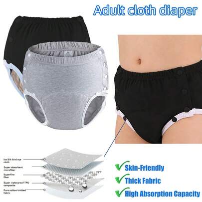 Washable Solid Color Adult Cloth Diaper Set (1 Elastic Cloth Diaper+1 Sanitary Pad) Waist Design, Easy To Wear And Take Off. Fashionable Colors And Sizes Are Available, With Good Water Absorption, Breathability, Comfort, Durability, Washable, Machine Washable, And Can Be Used With Sanitary Napkins. Long Term Use For Elderly Incontinence