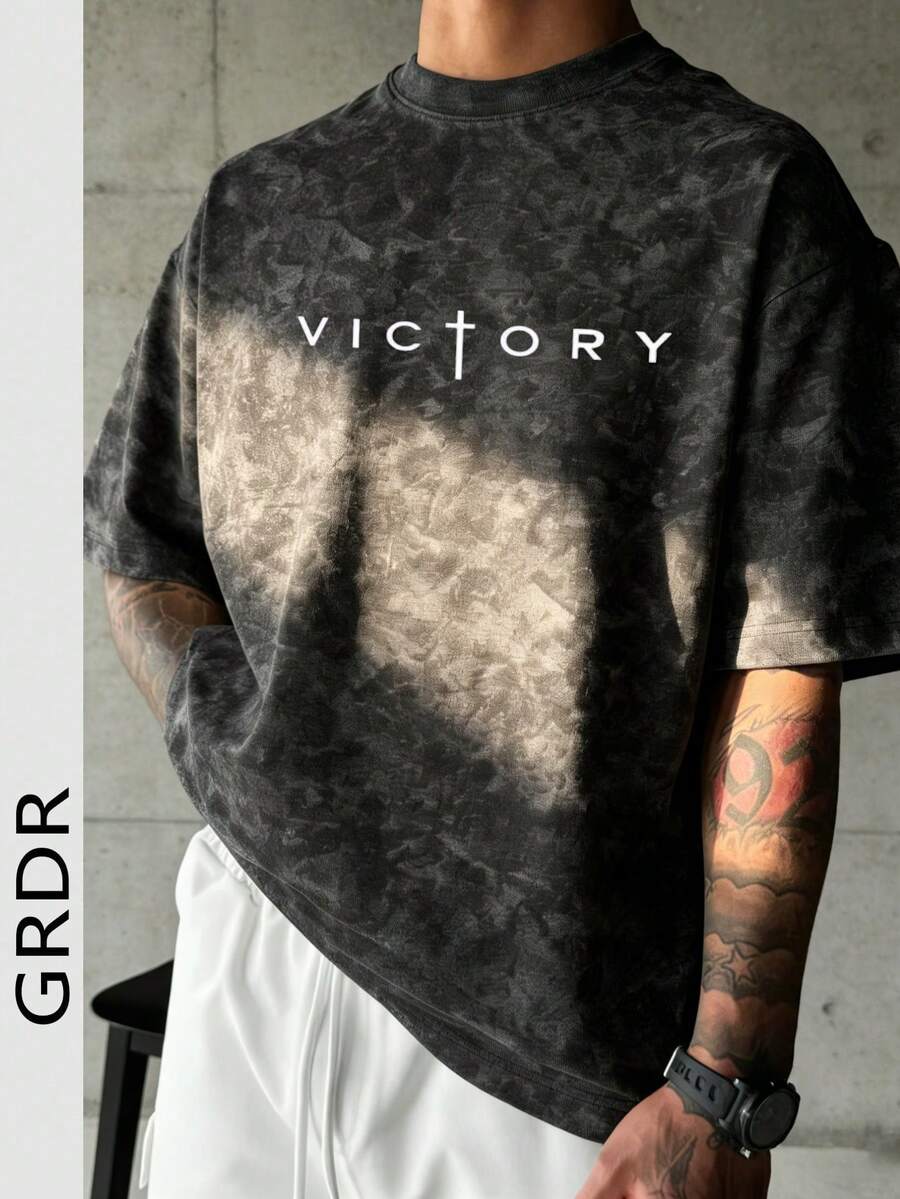 GRDR Men's Victory Print Washed Crew Neck Short Sleeve T-Shirt, Comfortable & Breathable For Summer Wear - Black - View 1