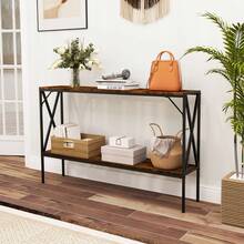 COSTWAY Industrial Console Table, 2-Tier Narrow Sofa Table Behind Couch With Open Storage Shelf, Metal Frame, 120 CM Entrance Table For Entryway, Hallway, Living Room, Foyer, Corridor, Rustic Brown - Brown - View 1