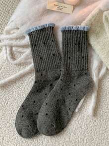 5 đôi tất chấm bi (giao ngẫu nhiên) cho nữ, dài đến giữa bắp chân, phong cách Hàn Quốc, tất dài ấm áp viền ren - Nhiều màu - Xem 6