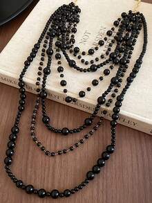 1pc Fashionable Elegant Retro Black Beaded Necklace, Multi-Layer Acrylic Necklace Suitable For Women's Daily Wear, Parties, Festivals, Gatherings, Daily Gifts, Jewelry Gifts - Black - View 1