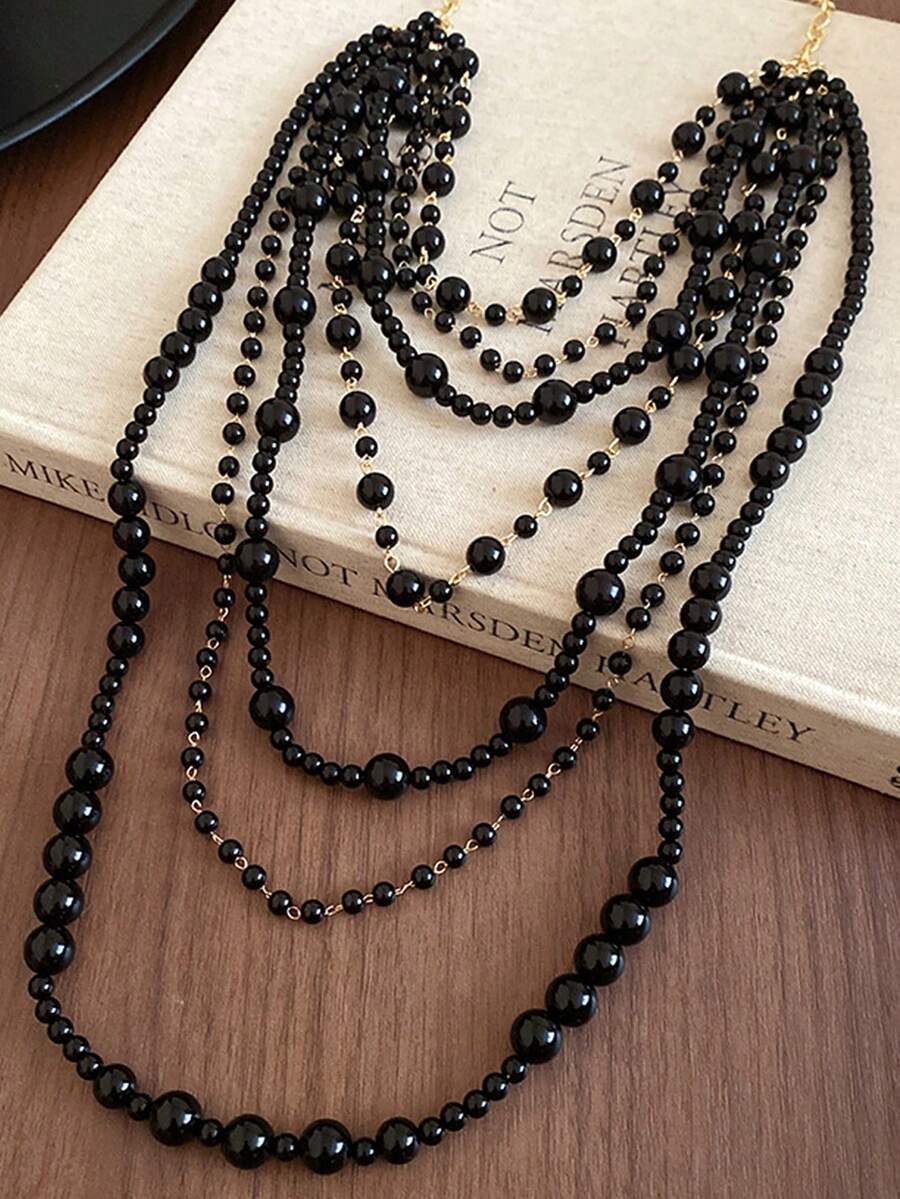 1pc Fashionable Elegant Retro Black Beaded Necklace, Multi-Layer Acrylic Necklace Suitable For Women's Daily Wear, Parties, Festivals, Gatherings, Daily Gifts, Jewelry Gifts - Black - View 1