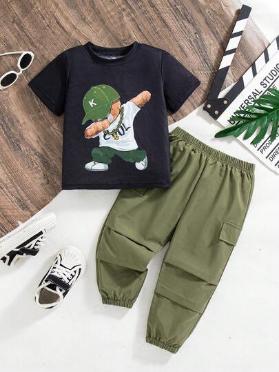 2pcs/Set Young Boys Cartoon Print Black Short Sleeve Top + Casual Cargo Pants
