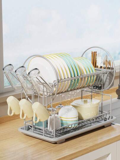 Double-Layer Dish Drying Rack With Drip Tray, Metal Bowl & Plate Storage Rack For Countertop, Essential Kitchen Accessory For Organization