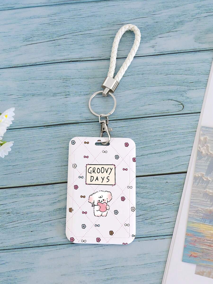 1pc Cute Puppy Bow Heart Plaid Pattern Card Holder, Suitable For Anniversary, Birthday, Housewarming, School, Office, Everyday Use Can Hold Cards, Business Cards, ID, With Lanyard For Easy Carrying