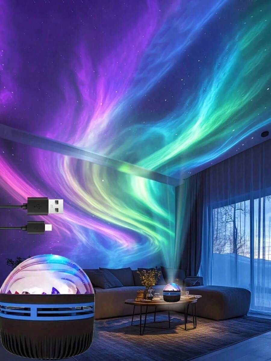 1 Piece  Northern Lights Star Projector With Remote Control LED Night Light, USB-Powered Galaxy Planet Projector With 7 Lighting Effects, Suitable For Camping, Wedding Decorations, Party Events, Home Décor, And Mother's Day Gifts - 極光 - 查看 1