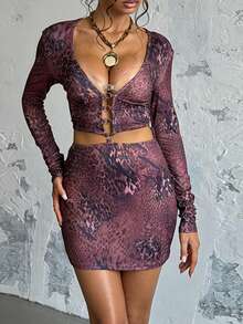 WOWDARK 女士冬季动物纹镂空长袖修身连衣裙