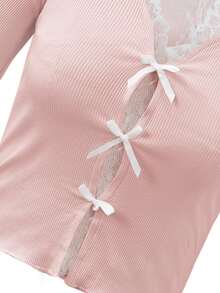 2pcs Bowknot Design Long Sleeve T-Shirt & Lace Camisole Set, Gentle & Romantic Style, Spring - Pink - View 8