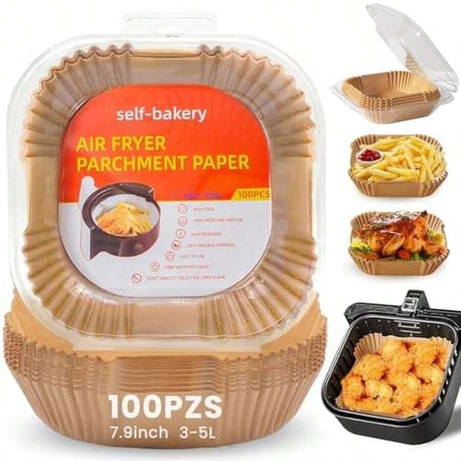 100Pzas Papel para Freidora de Aire, Forro Redondo Desechable para Freidora de Aire, Papel para Freidora, Horno, Microondo, Vaporera - 20 cm + 4,5 cm - Ver 1