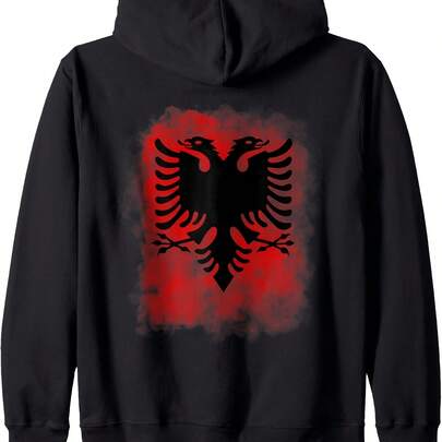 Albanian Albanian Flag Print On Back Albania Eagle Kosovo Zip Hoodie