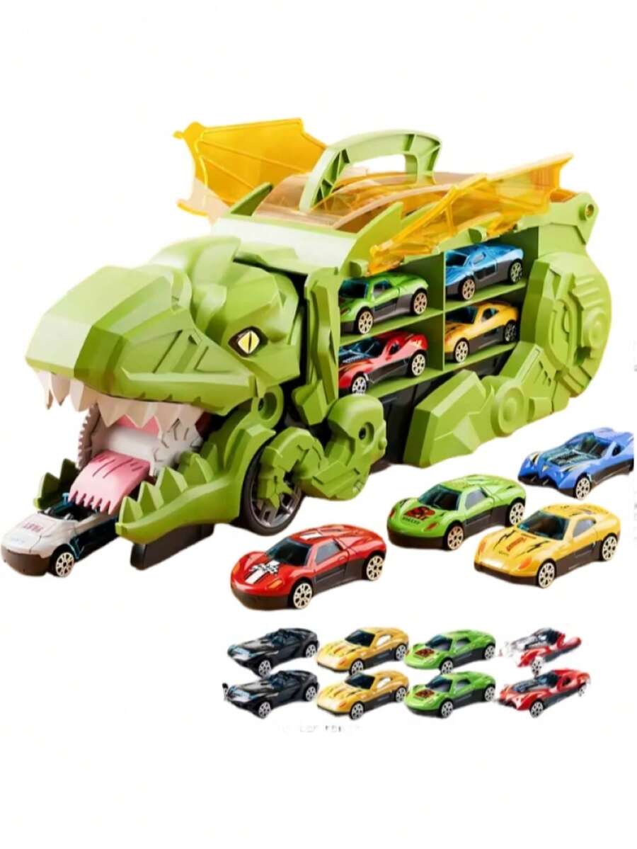 Transportador de dinosaurios plegable con pista de carreras, incluye 8 mini coches, juguete divertido para niños - Verde - Ver 1