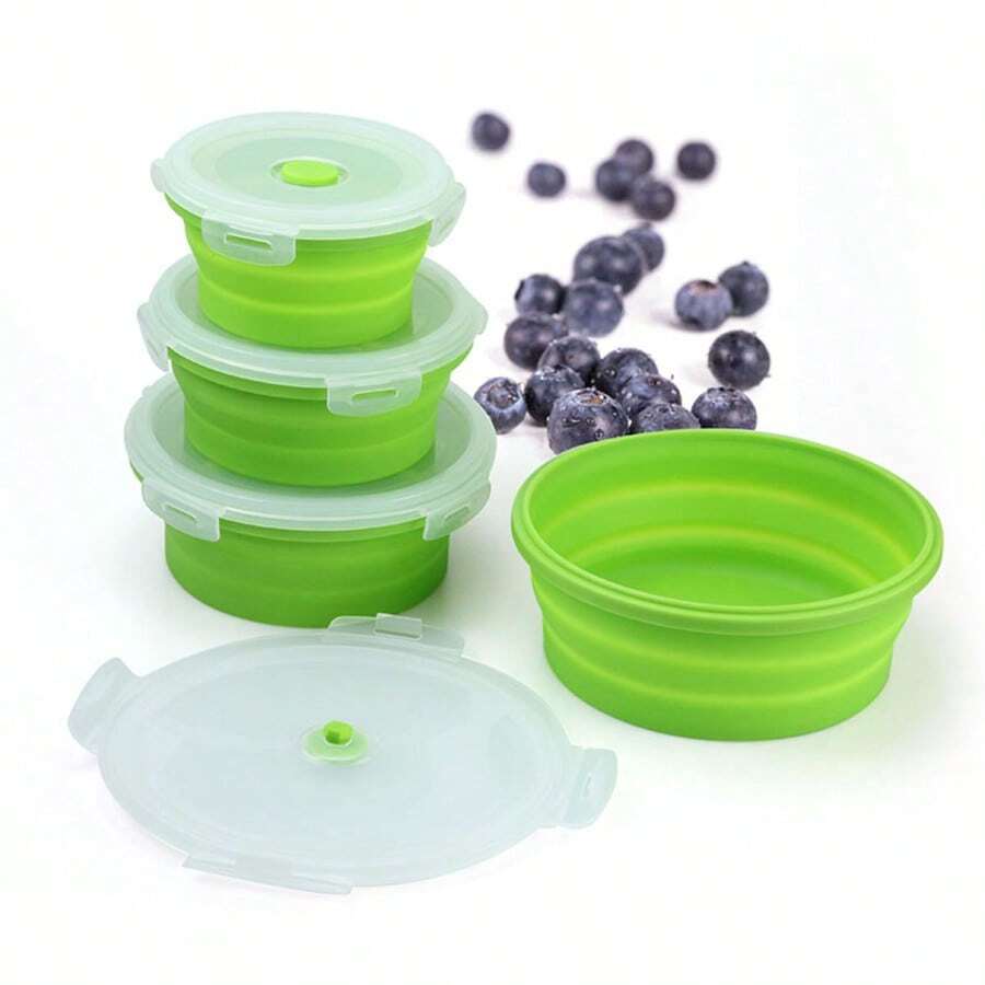 1pc, Silicone Collapsible Bowl With Lid, Folding Travel Bowl For Camping, Hiking, Heat Resistant Expandable Bowl, For Travel Outdoor Picnic, Tableware - Green - View 1