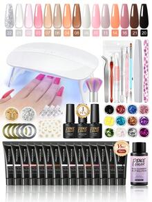 PEACECOLOR Poly Nail Extension Gel Set With Mini UV LED Lamp 15 Colors Glitter Nail Salon Art Kit With Base Top Coat Nail Complete Starter Kit Gift For Women - 01多色 - 查看 11